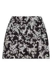 Černá minisukně s bílými květinovými a listovými vzory, která má nařasený pas a rozšířenou siluetu.