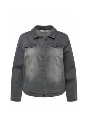 Grå denimjakke med krave, frontknaplukning, to brystlommer og en let falmet struktur. Har sorte knapdetaljer.