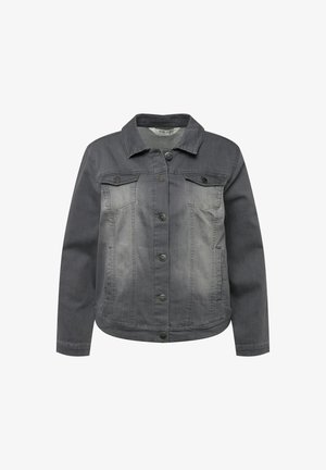 Giubbotto di jeans grigio con colletto, chiusura frontale a bottoni, due tasche sul petto e una texture leggermente sbiadita. Presenta dettagli in bottone neri.