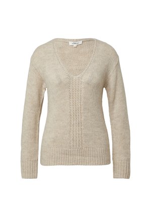 Beige gebreide V-hals trui met lange mouwen en geribbelde boorden, onderrand en verticale kabelbreide details op het midden van de voorkant.