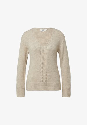 Bežs adīts V veida kakla džemperis ar garām piedurknēm un ribotas aproces, apakšu un vertikāliem virvju adījuma elementiem priekšpusē.