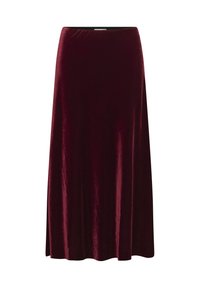 Falda maxi de terciopelo burdeos con una textura suave y lisa, que presenta una cómoda cinturilla elástica y un diseño fluido.
