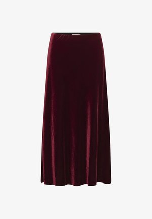 Burgundy bársonyos maxi szoknya sima, puha textúrával, kényelmes gumis derékkal és légies szabással.