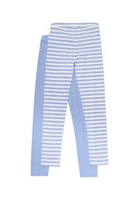 Två par leggings: ett i enfärgad ljusblå och det andra med vertikala ränder i ljusblått och vitt. Mjuk bomullsmaterial, midjeband med elastik.
