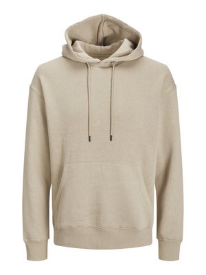 Sweatshirt beige à capuche avec un cordon de serrage, poche kangourou sur le devant et poignets côtelés. Texture douce et coupe décontractée.