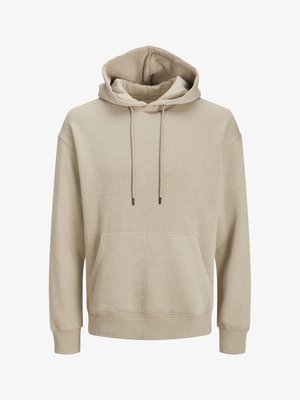 Beige hoodie met een trekkoord, een voorzak en ribgebreide manchetten. Zachte textuur en een ontspannen pasvorm.
