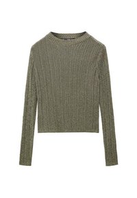 Gestrickter Crop-Pullover in Olivgrün mit geripptem Muster, langen Ärmeln und Rundhalsausschnitt. Weiches, elastisches Material.