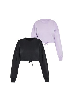 Zwei langärmelige, kurz geschnittene Sweatshirts mit Kordelzügen am Saum, eines schwarz und eines helllila, auf weißem Hintergrund dargestellt.