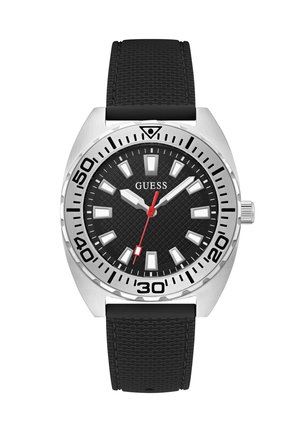 Czarny zegarek na gumowym pasku ze srebrną stalową kopertą, teksturowaną czarną tarczą, białymi znacznikami godzinowymi i czerwoną sekundową wskazówką. Wodoodporny.