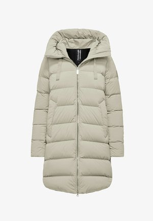 Abrigo acolchado de color gris claro con capucha, con cierre delantero de cremallera, cordones ajustables y textura acolchada. Mangas largas con una silueta recta.