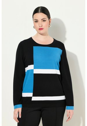 Schwarzer Pullover mit geometrischem Design in Blau und Weiß. Lange Ärmel, Rundhalsausschnitt und weiche Textur.