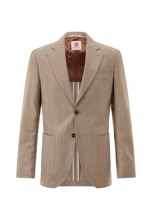Einreihiger beiger Blazer mit Kerb-Revers, zwei aufgesetzten Fronttaschen, zwei dunklen Knöpfen und braunem Satin-Futter mit Logoetikett.