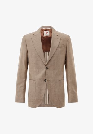 Single-breasted beige blazer with notch lapels, two front patch pockets, two dark buttons, and brown satin inner lining with logo label.
