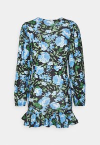 Vestido floral em tecido preto com rosas azuis e folhas verdes. Apresenta mangas longas e uma bainha com babados na parte inferior.