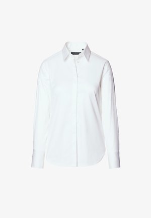 Biała, długosleeve'owa koszula zapinana na guziki, wykonana z gładkiego materiału, z klasycznym kołnierzykiem, prostym krojem i mankietami.