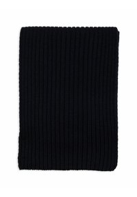 Scialle a maglia di un intenso blu navy con una texture a coste, piegato con cura, dal design morbido e spesso, adatto ai climi più freddi.