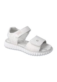 Białe sandały z rzepem, teksturowaną powierzchnią i żłobioną podeszwą. Wkładka ma delikatny wzór serc i kształtów.