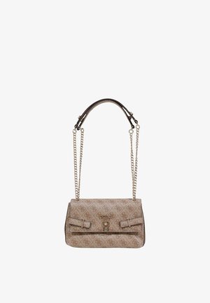 Beige handtas met patroon, voorzien van ketting- en lederen banden, een magnetische sluiting en twee decoratieve strikken aan de voorkant.