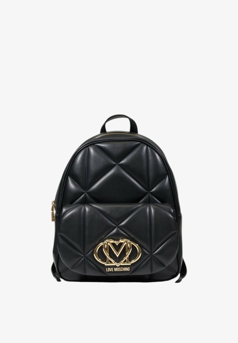 Sac à dos noir en simili cuir avec un design matelassé, des accessoires dorés et le logo « LOVE MOSCHINO ». Il possède un haut arrondi et des bretelles réglables.