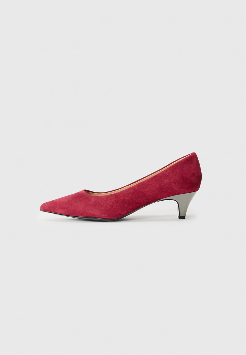 Red suede pump with a pointed toe and a small metallic heel. The shoe features a smooth texture and minimalistic design.