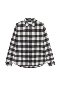 Fekete-fehér kockás flanel ing hosszú ujjakkal, gombos elejével és mellzsebbel; puha tapintású, lekerekített alsó résszel.
