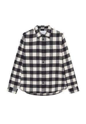 Czarna i biała koszula w kratę z flaneli, z długimi rękawami, zapinana na guziki z kieszonką na piersi; miękka tekstura z zaokrąglonym dołem.