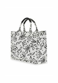 Torba na ramię z płótna w kolorze białym z czarnym rysunkiem kwiatowym. Posiada stabilne, podwójne uchwyty oraz wyraźny kształt. Zamek błyskawiczny jako detal zamknięcia.
