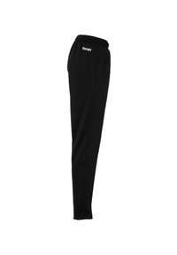 Zwarte joggingsbroek van zacht materiaal, met een elastische tailleband, zijzakken en een klein wit logo op de heup.