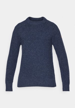 Navy knitted sweater with a ribbed texture, crew neck, and long sleeves. Features a slight stretch and a fitted silhouette.