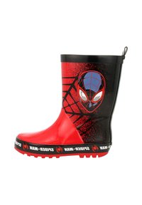 Stivali di gomma da pioggia rossi e neri con un design di Spider-Man, superficie texturizzata, dettagli in rilievo e una suola resistente e zigrinata per una buona aderenza.