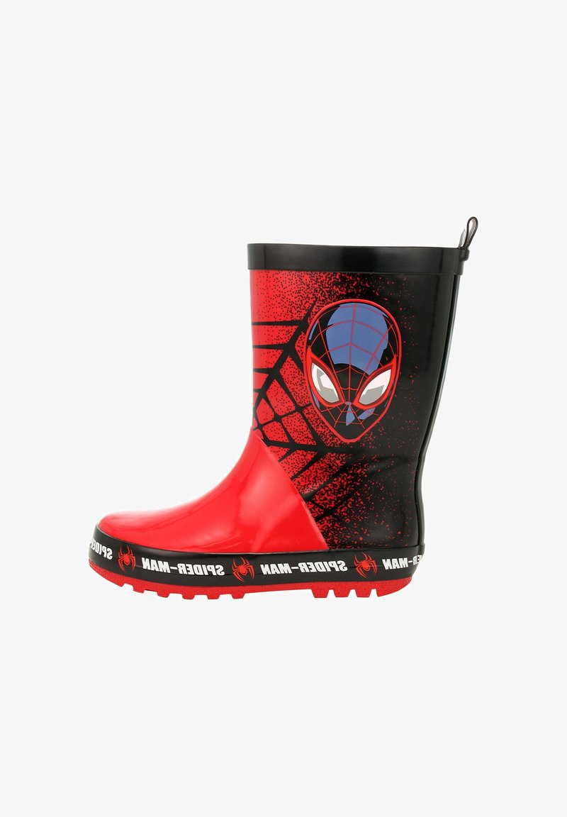 Stivali di gomma da pioggia rossi e neri con un design di Spider-Man, superficie texturizzata, dettagli in rilievo e una suola resistente e zigrinata per una buona aderenza.