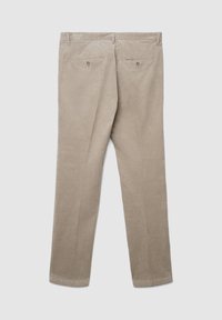 Beige Corduroyhosen mit geradem Bein-Design, ausgestattet mit zwei Gesäßtaschen mit Knopfverschlüssen und einer glatten Textur.