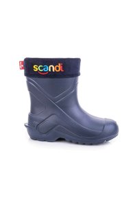 Granatowe gumowe kalosze z teksturowaną cholewą i żeberkowym ściągaczem. Zawiera kolorowe haftowane logo "scandi" oraz podeszwę antypoślizgową.