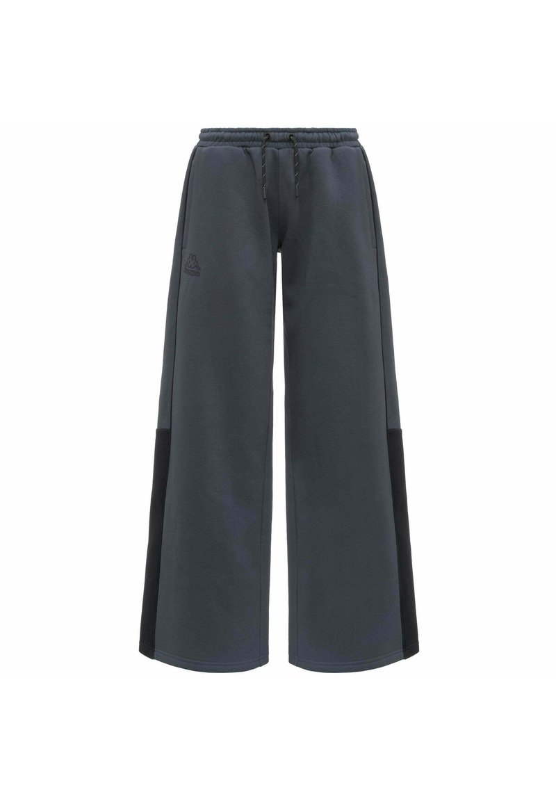 Pantaloni dalla gamba larga in grigio scuro con pannelli neri a contrasto, dotati di una cintura regolabile con cordino e logo ricamato sul davanti.