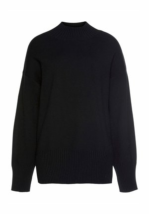 Schwarzer gestrickter Pullover mit langen Ärmeln, geripptem hohem Kragen, Bündchen und Saum, gezeigt auf weißem Hintergrund.