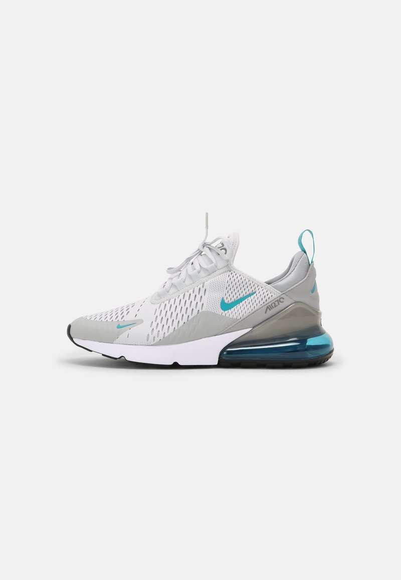 White and gray athletic shoes with mesh upper, turquoise accents, and visible air cushioning in the heel. Flat black outsole.