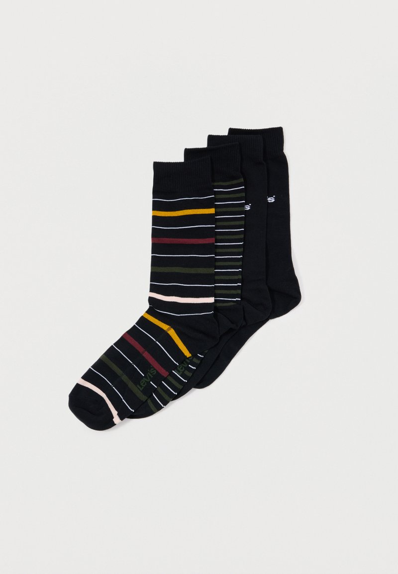 Set van vier sokken met een mix van zwarte, gestreepte en effen ontwerpen. Het materiaal lijkt een katoenmix te zijn met elastische boorden.