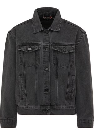 Giacca di jeans nera con colletto classico, chiusura frontale con bottoni, due tasche sul petto e tasche laterali. Caratterizzata da cuciture a contrasto.