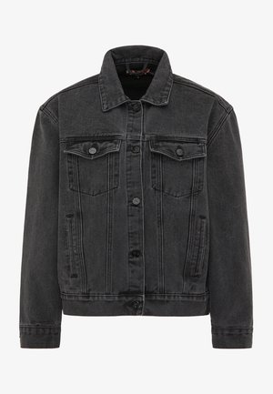 Zwarte denimjas met een klassieke kraag, voorste knoopsluiting, twee borstzakken en zijzakken. Bevat contrasterende stiksels.