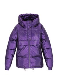 Lila puffertöltetű dzseki fényes felülettel, kapucnival, elülső cipzárral és rugalmas mandzsettával. Paneles kialakítás jellemzi, valamint állítható zsinórral a szegélyen.