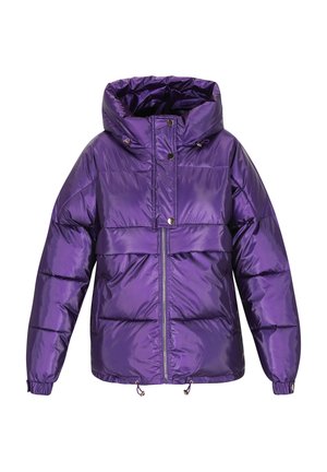 Jachetă puf purple cu un finisaj lucios, glugă, fermoar frontal și manșete elastice. Prezintă un design pe panouri și un șnur ajustabil în partea de jos.