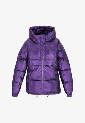 Giacca a vento viola con finitura lucida, cappuccio, zip frontale e polsini elasticizzati. Presenta un design a pannelli e un cordoncino regolabile all'orlo.