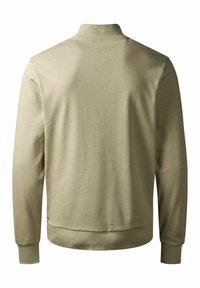 Lys beige sweatshirt med ståkrage, lange ermer og ribbestrikkede mansjetter. Har en glatt tekstur og en tettsittende midje.