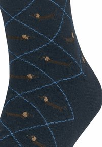 Granatowe skarpetki w diamentowy wzór z haftem w postaci brązowych motywów jamników oraz niebieskimi akcentami. Miękka struktura tkaniny.