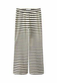 Pantalon large de couleur crème avec des rayures horizontales noires et une taille élastique.