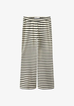 Kreemika värvi laiade jalgadega püksid mustade horisontaalsete triipudega ja elastse vööjoonega.