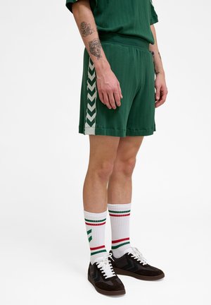 Grønne sportsshorts med hvide zigzag-detaljer, parret med hvide sokker med røde og grønne striber og brune sneakers.