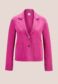 Fuchsia blazer met een notch lapel, enkele knoopsluiting en twee vo pockets. Het gladde materiaal en de getailleerde pasvorm verbeteren het ontwerp.
