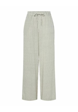 Pantalon large beige clair avec petit motif à carreaux noir et taille élastiquée avec lien noué, présenté sur fond blanc.