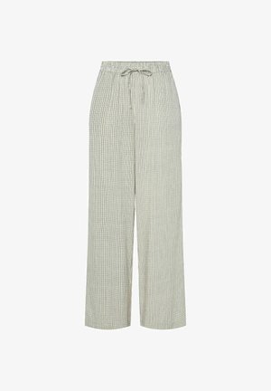 Pantalon large beige clair avec petit motif à carreaux noir et taille élastiquée avec lien noué, présenté sur fond blanc.